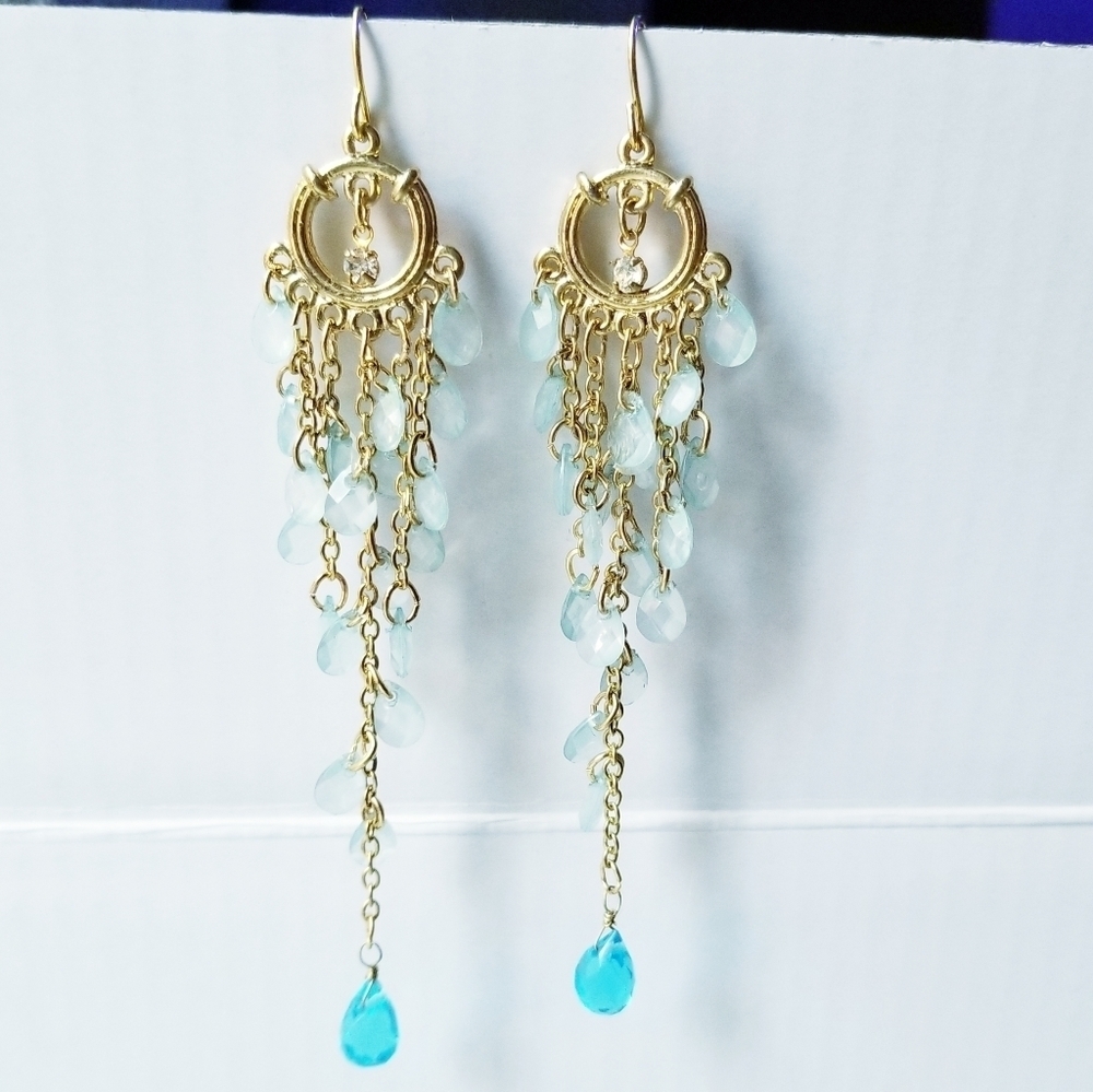 "Bundles Only" Goldtone & Blue Dangle Teardrop Beads Earrings